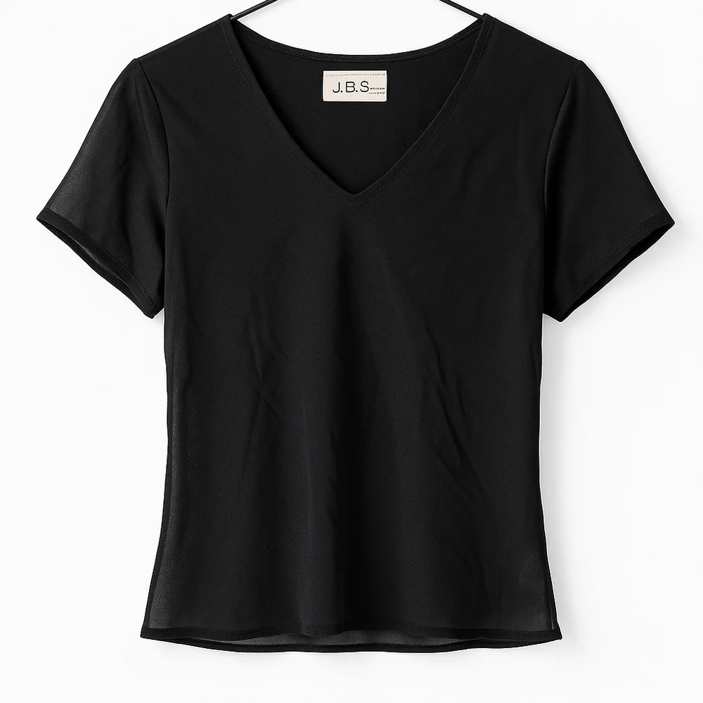 J.B.S. LTD Black Sheer Short Sleeve V-Neck Blouse Layering Top Women’s‎ Medium